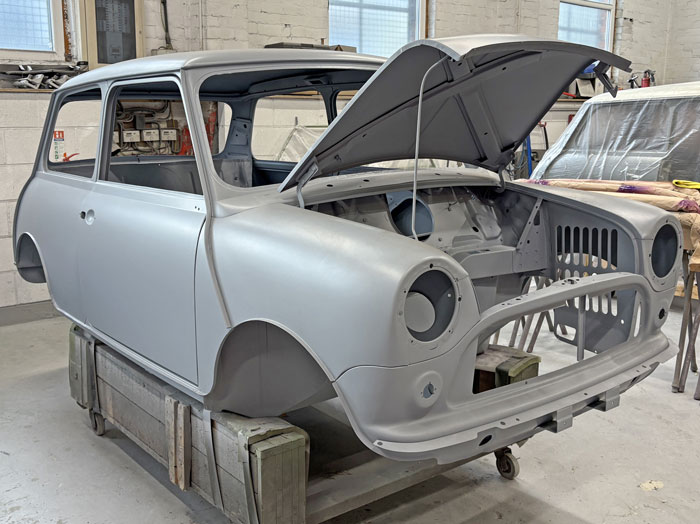 Replacement Mini Mk IV bodyshell prepared for the Mini 30 restoration