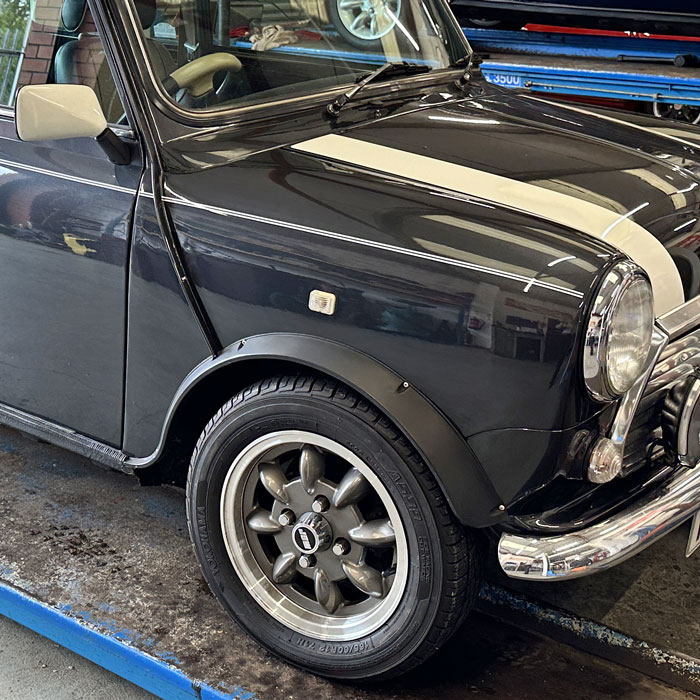 Classic Mini showing ride height before suspension adjustment
