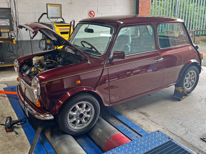 Restored Mini 30 undergoing final rolling road testing at Mini Sport