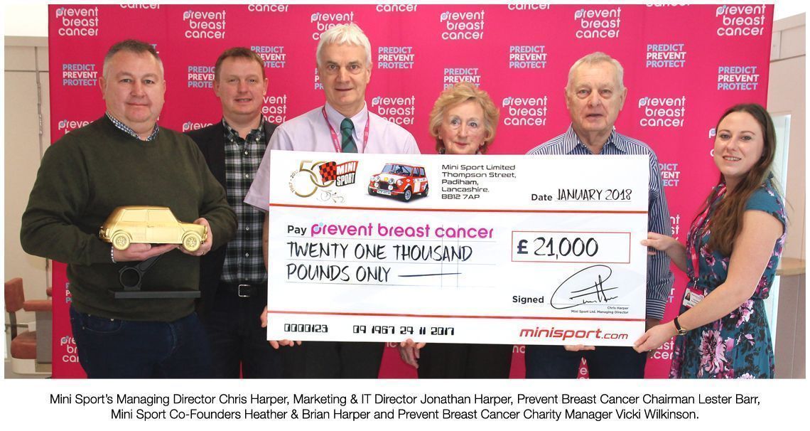 Mini Sport handover £21000 to chosen charity Prevent Breast Cancer Mini Sport chosen charity Prevent Breast Cancer recieve £21000