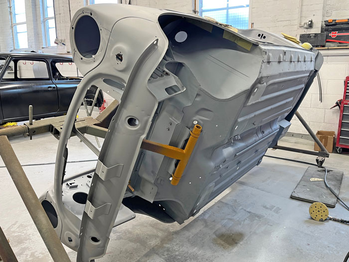 Mini 30 bodyshell undergoing preparation in the Mini Sport bodyshop