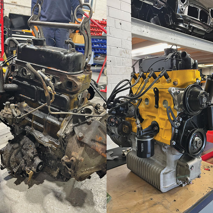 Used Classic Mini engine core compared with a finished Mini Sport remanufactured engine