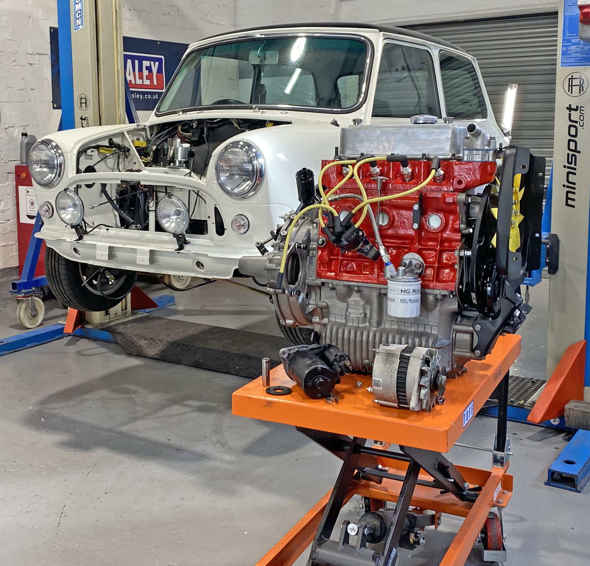 Mini Sport engineering workshop working on Classic Mini components
